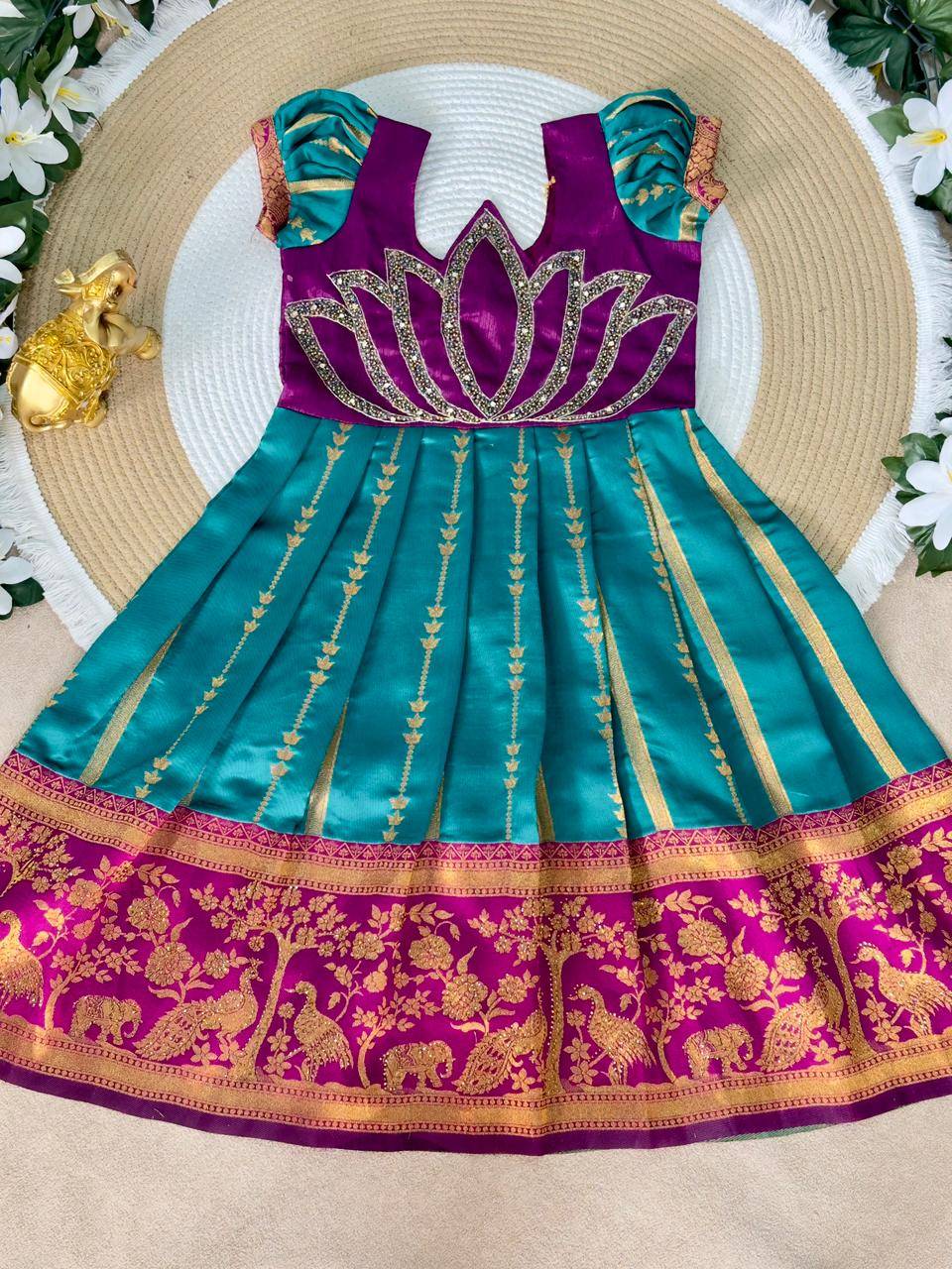 Lotus Frock Jaquard Silk Blue Children wear wholesale market